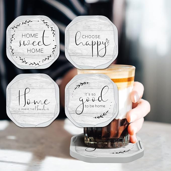 UMIRRO Absorbent Felt & Silicone Drink Coasters Set of 4, Sweet Home | - Image 2