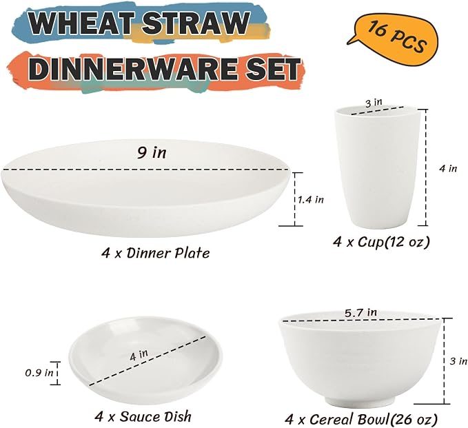 Wheat Straw Plates and Bowls Sets of 16，Unbreakable Dinnerware Sets - Image 3