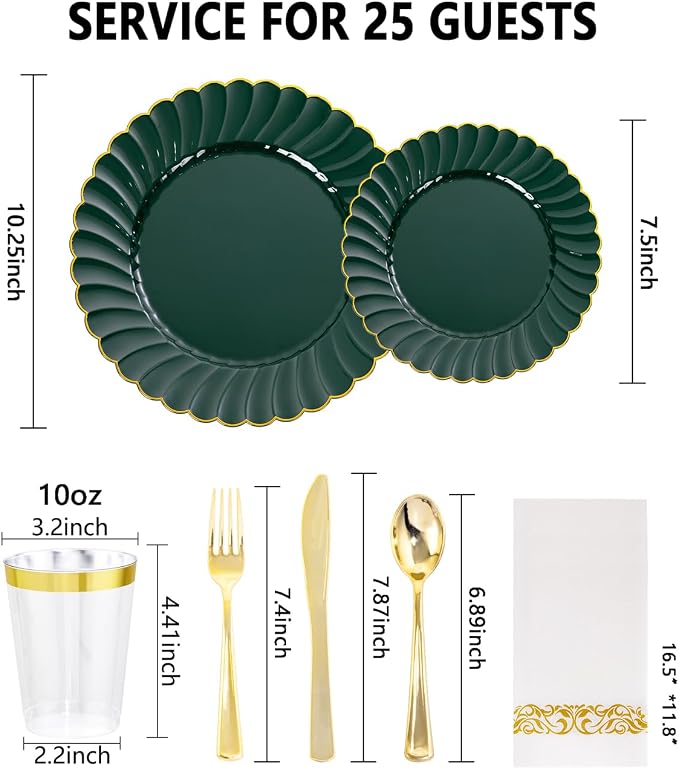 YOUBET 175PCS Green Scalloped Plastic Plates - Image 2