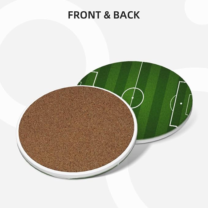 Green Soccer Football Field Coasters Set of 4, Absorbent Ceramic Drink Coasters - Image 2