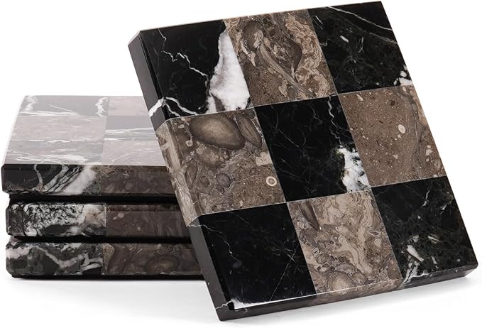 Marble Coasters Set of 4, Zebra Black & Oceanic Handmade 4 inch Stone Coaster by Earthentones