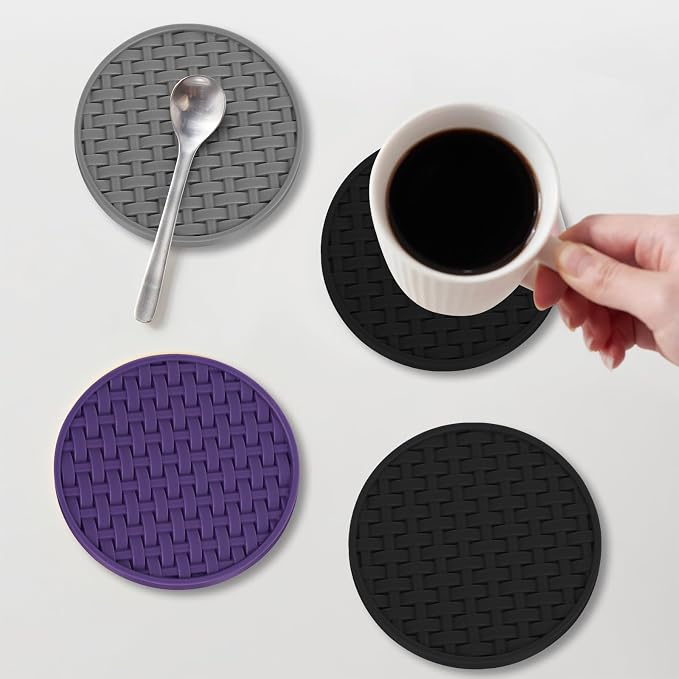 4 Inch Black Silicone Drink Coaster Set of 6, Heat-Resistant Non-Slip Mats | - Image 5
