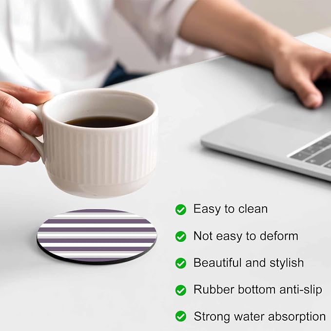 Purple Grey Stripe Coasters Set of 6, Minimalist Farmhouse Striped Soft - Image 4