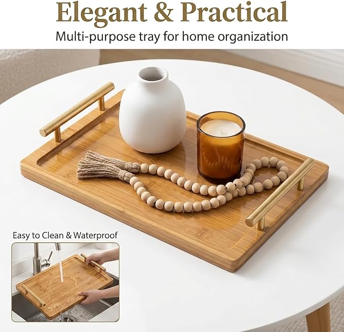 PEKER Wooden Serving Tray with Metal Handles, Ottoman & Home Décor, Wooden Food - Image 7