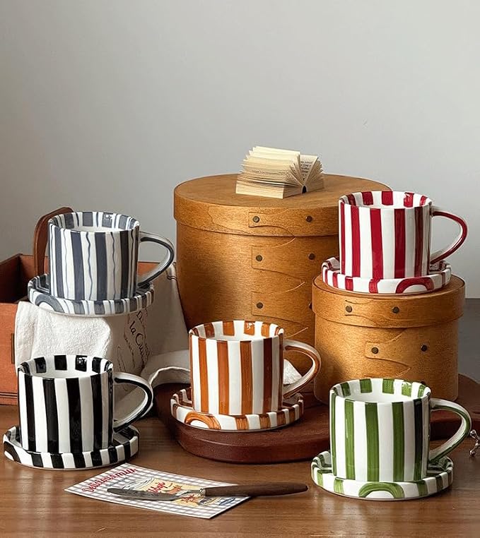 Cup and Saucer Set Hand-Painted Red Stripes, 8 Oz Ceramic Coffee Mug, Espresso - Image 8