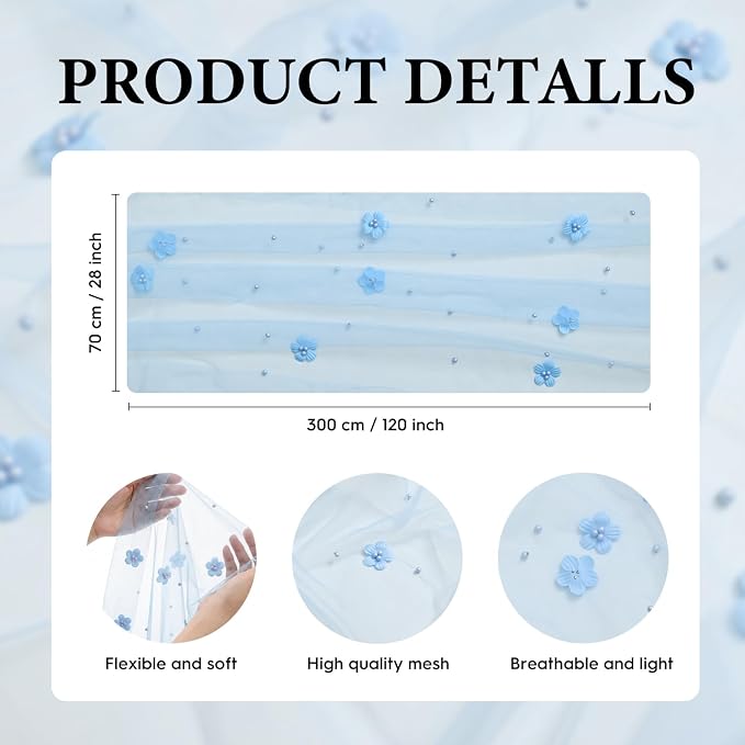 Artoid Mode Blue Flower Pearl Blue Gauze Table Runner 10FT 6PC, Seasonal Sheer - Image 7