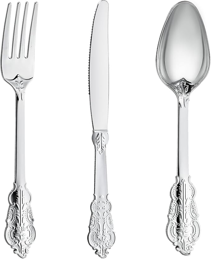 120PCS Silver Plastic Silverware, Vintage Disposable Utensils & Cutlery | 40 by N9RTABLEWARE