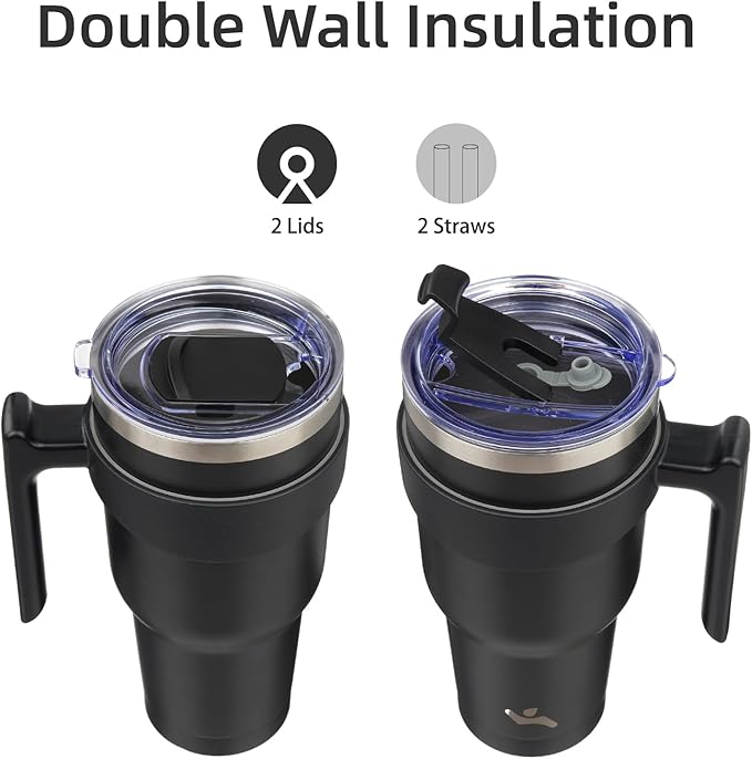 Konokyo 30 oz Tumbler with Handle and Straw, Insulated Travel Mug | Black; - Image 3