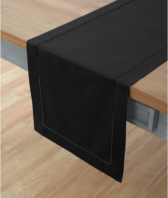 Solino Home Cotton Linen Dining Table Runner Black Hemstitch, 14 x 48 in | - Image 2