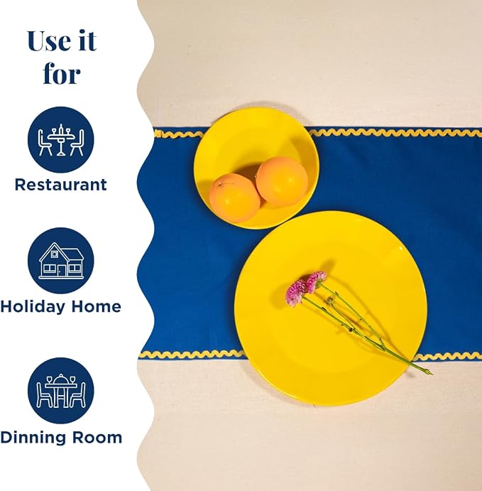 Folkulture Fall Table Runner 72 Inches Long | Blue & Yellow Rick Rack | Table - Image 4