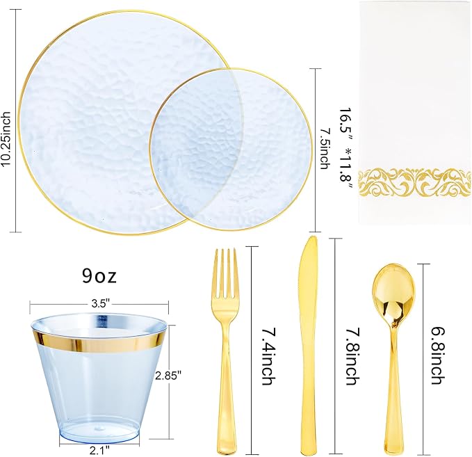 Rubtlamp 175 Pcs Plastic Dinnerware Set, Hammered Party Plates Set Include - Image 2