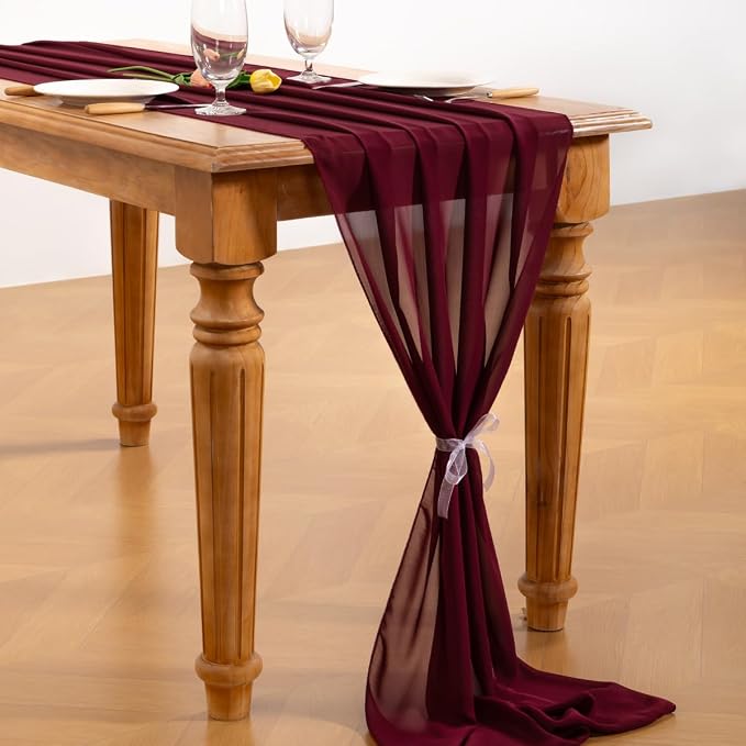 Burgundy Chiffon Table Runner Summer Boho Wedding Birthday Party Decor | 10ft - Image 4