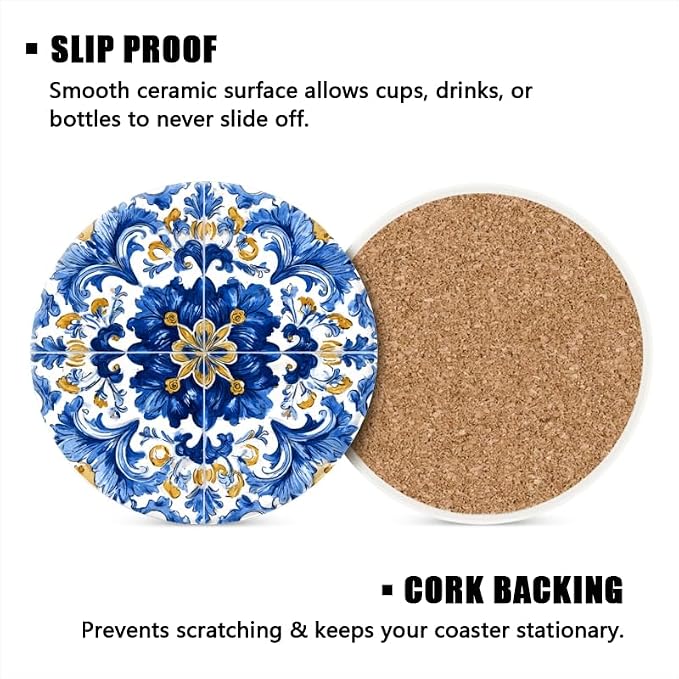 Drink Coasters Set of 6 with Holder Blue and White Porcelain Coasters, Modern - Image 4