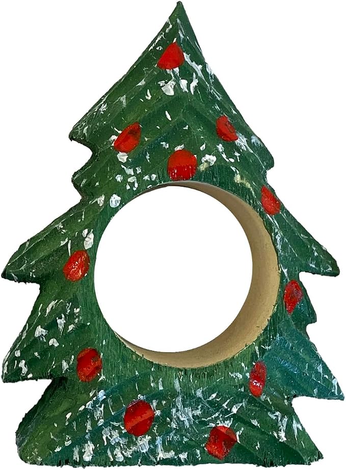 Set of 4 Hand-Carved Wooden Holiday Napkin Rings, Christmas Tree, Pumpkin & - Image 5