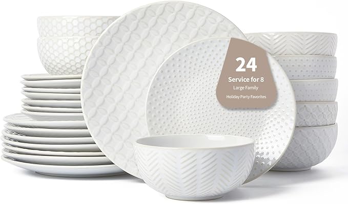 24 Piece Dinnerware Sets for 8, Premium Stoneware Plates and Bowls Sets by FOBENTA