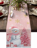 Pink Christmas Snowman Short Table Runners 48 Inches, Cotton Linen Fabric by Edwiinsa