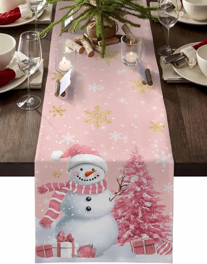 Pink Christmas Snowman Table Runners 120 Inches Long, Cotton Linen Fabric by Edwiinsa
