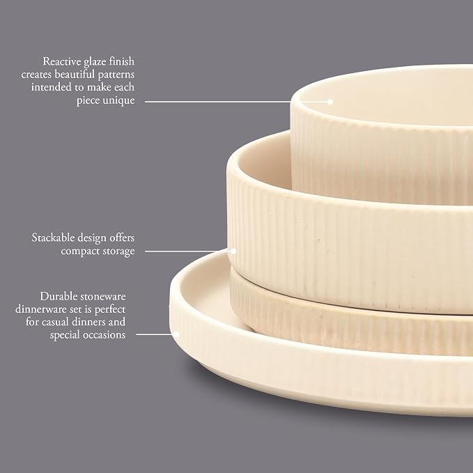 Gibson Elite Deerfield 16-Piece Stoneware Dinnerware Set – Cream White Reactive - Image 3