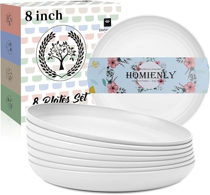 Wheat Straw Plates, 8 Inch Dessert Plates Set of 8, Unbreakable White Round by HOMIENLY