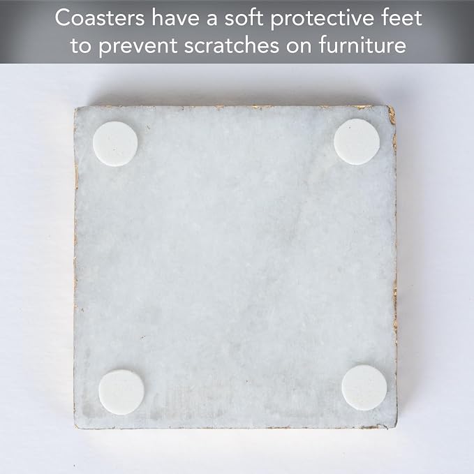 Thirstystone Square White Marble/Gold Edged Coasters, Non-Slip Feet - Image 4