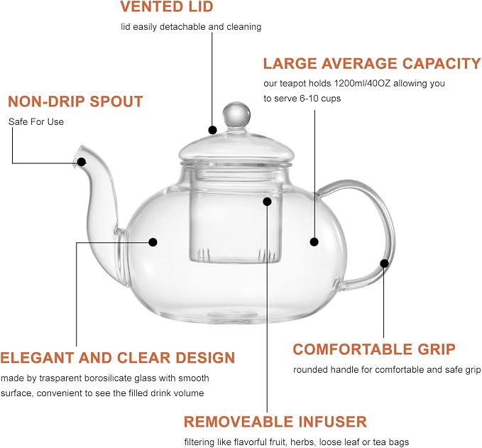 Glass Teapot Set, 40OZ/1200ml Stovetop Safe Glass Tea Kettle - Image 2