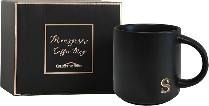 COLLECTIVE HOME Black Ceramic Coffee Mug, 15 oz Golden Monogram Tea Cup | - Image 3