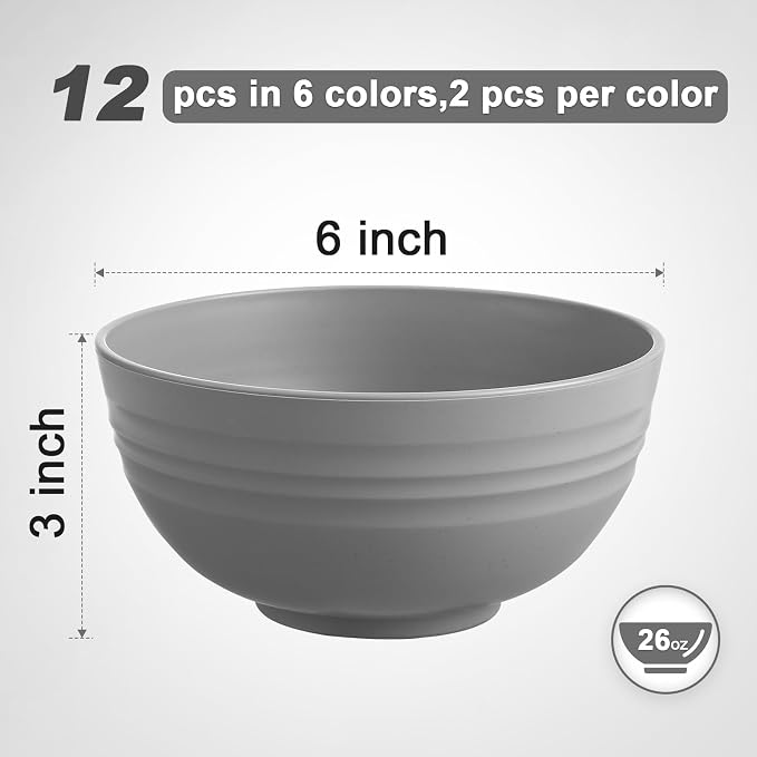 HEYCOME 12 Pcs Unbreakable Cereal Bowls Set, 26 Oz Wheat Straw Bowls Set - Image 2