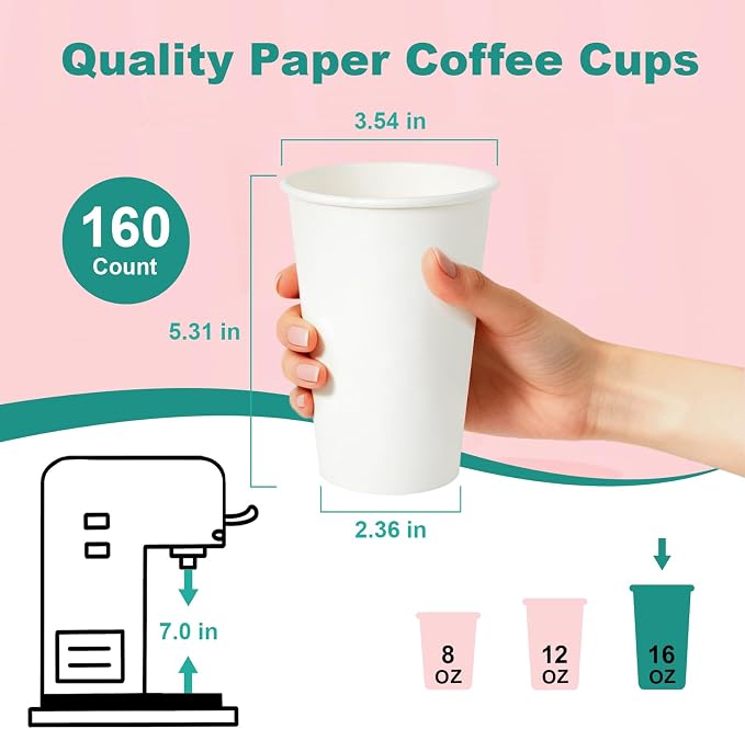 16 oz 160 Pack Disposable Coffee Cups, Bulk White Disposable Paper Cups - Image 3