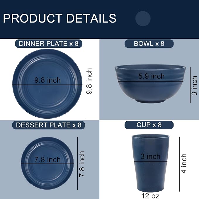 32PCS Blue Wheat Straw Dinnerware Sets - Image 2