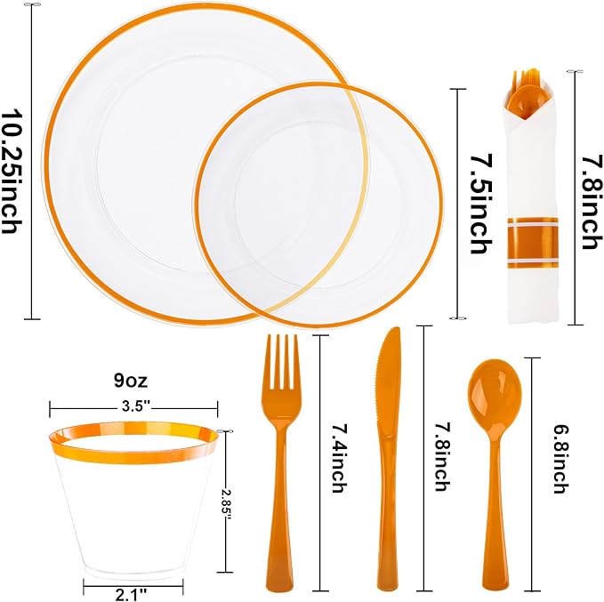 SUT 175Pcs Orange and Clear Plastic Dinnerware Set - Image 2