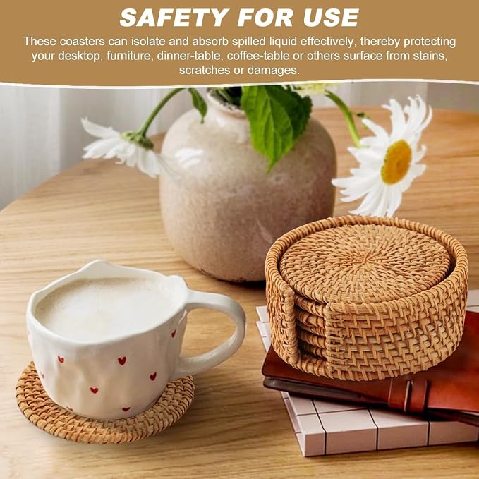 Rattan Coasters Set of 6 with Holder, 3.94 Inch Handwoven Coasters | Natural - Image 7