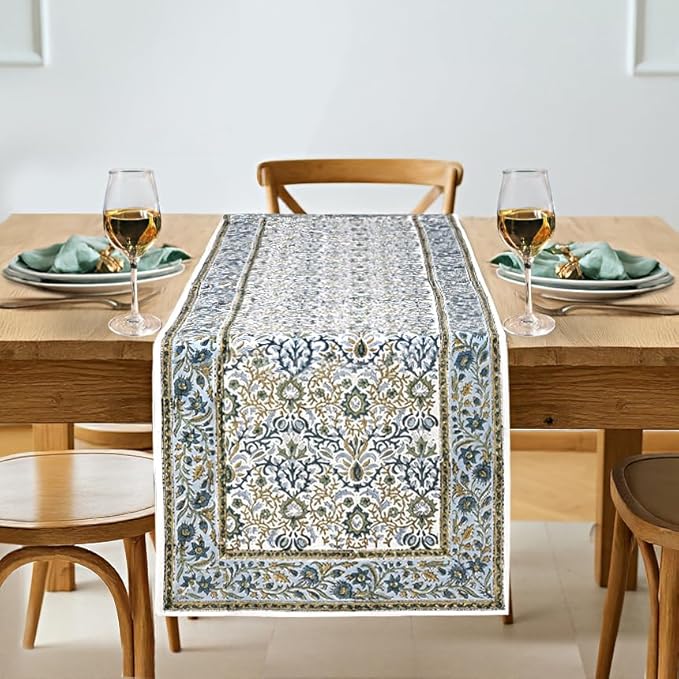 Indigo Floral Hand Block Print 100% Cotton Reusable Table Runner 16" X 70" by Ridhi