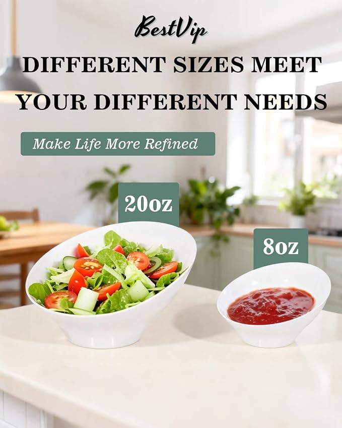BESTVIP 8 Oz White Plastic Angled Serving Bowls, 12 Pack | Disposable Bowls - Image 2