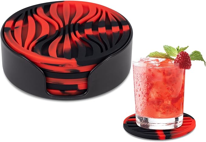 6 Pack Drink Coasters with Holder Non-Slip Rubber Coaster Silicone Cups Mat | by KEHOUXRE