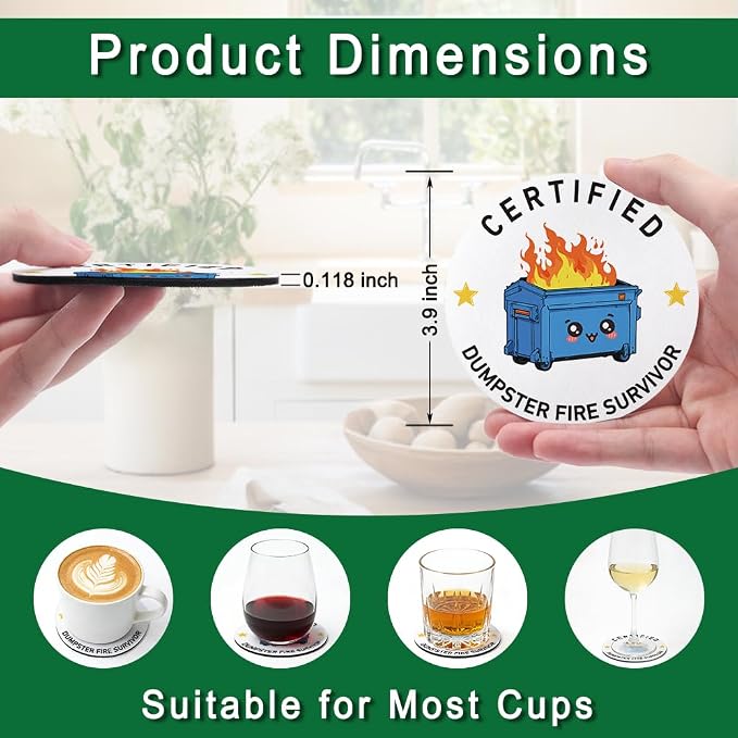 Certified Dumpster Fire Survivor Drink Cup Holder Coaster Set of 2, Funny - Image 2