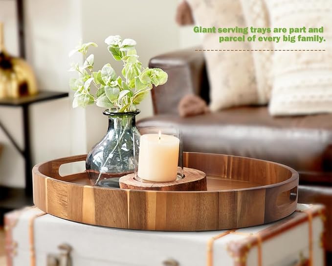Extra Large Round Serving Tray, Heavy Duty Acacia Wood Trays - Image 5