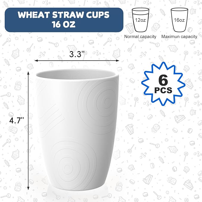 Wheat Straw Cups 6 PCS, Unbreakable 16 OZ Tumbler Set, Lightweight Glass Cups - Image 3