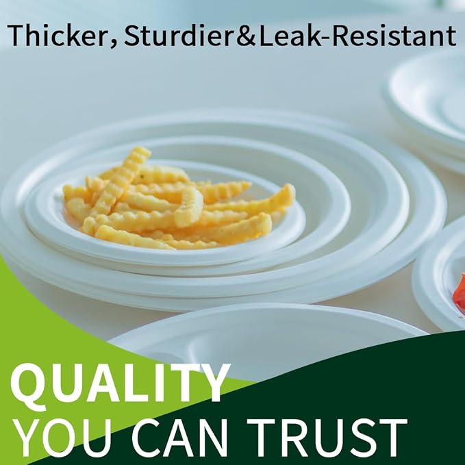 10 Inch Compostable Paper Plates【White 150 Pack】, 100% Sugarcane Bagasse Large - Image 3