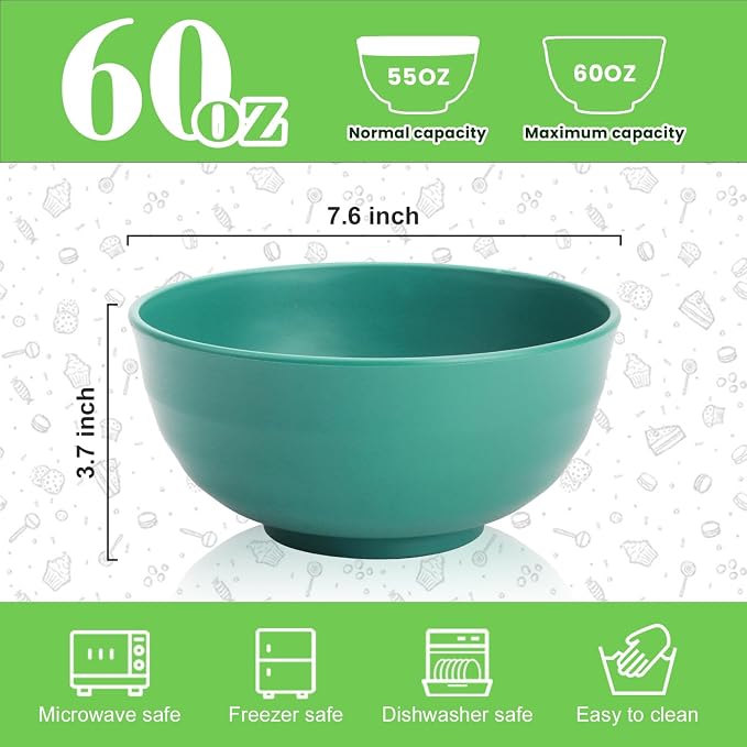 60 OZ Large Salad Bowls, Wheat Straw Camping Bowl Set of 6, Unbreakable Plastic - Image 2