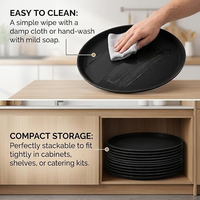TOPZEA 3 Pack Restaurant Serving Trays, 11 Inch Fiberglass Black Round Tray Non - Image 8
