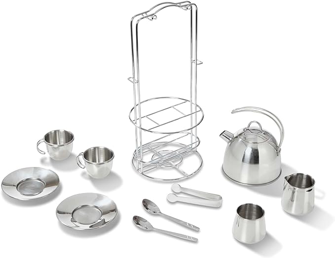 Melissa & Doug Stainless Steel Pretend Play Tea Set and Storage Rack by Unknown
