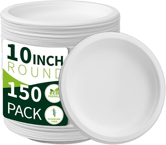 10 Inch Compostable Paper Plates【White 150 Pack】, 100% Sugarcane Bagasse Large by LxinsECO