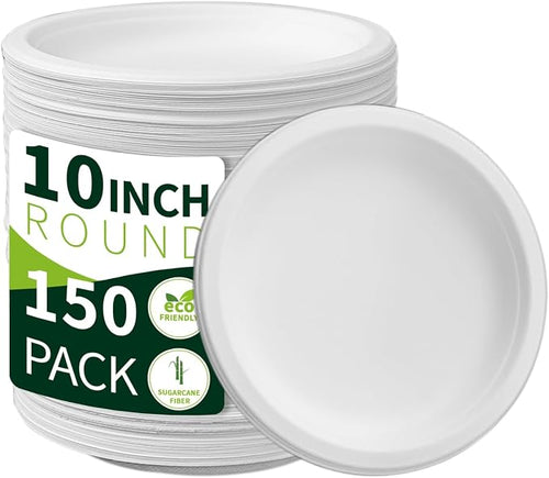 10 Inch Compostable Paper Plates【White 150 Pack】, 100% Sugarcane Bagasse Large by LxinsECO