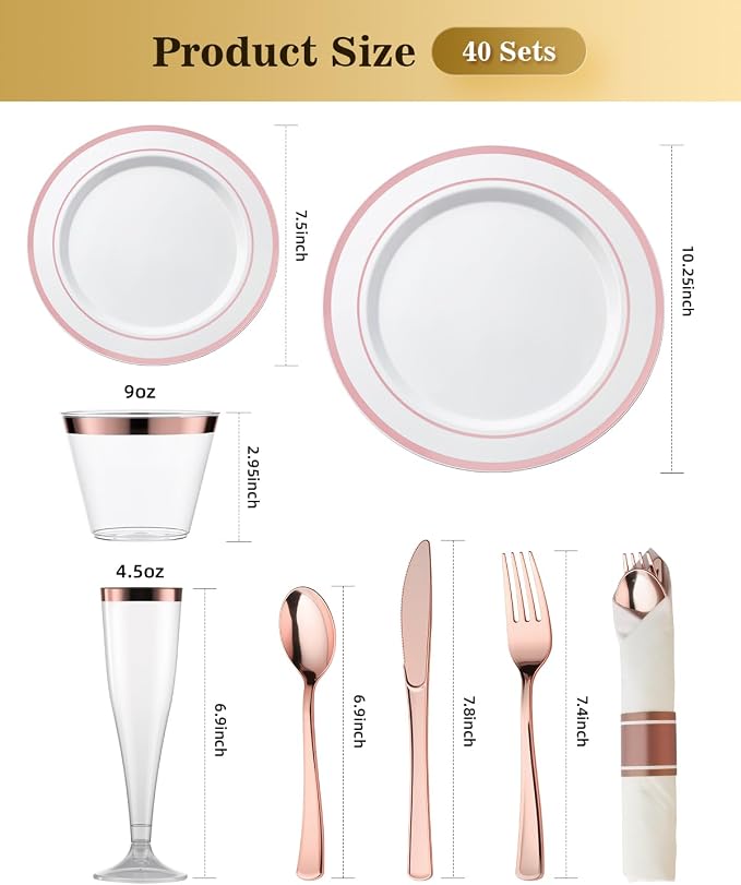 320PCS Rose Gold Fancy Disposable Dinnerware Sets - Image 2