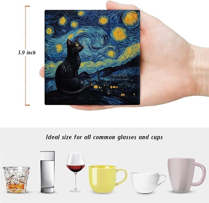 Drink Coasters for Drinks Set of 6, Art and Black Cat Absorbent Square Ceramic - Image 2