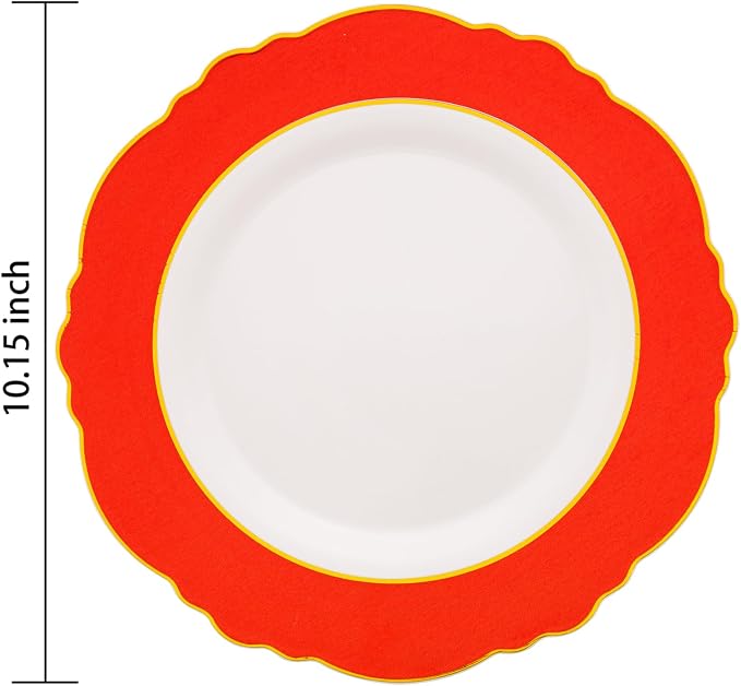 60pcs Red Plastic Plates with Gold Rim - Image 2