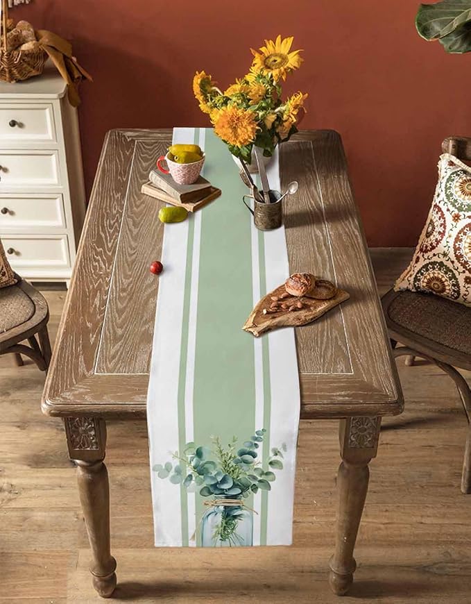 Sage Green Eucalyptus Leaves Table Runners 70 Inches Long, Farmhouse Stripe - Image 4
