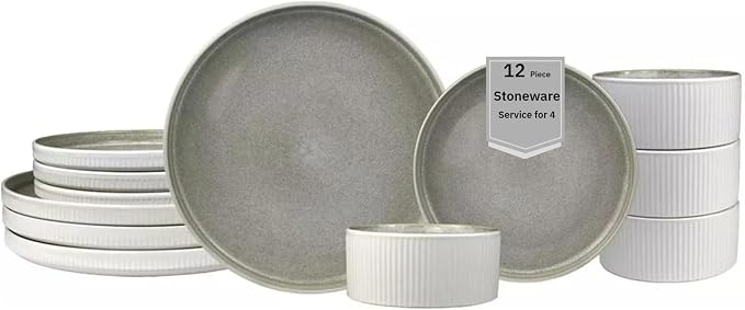 Sango 12 Pieces Stoneware Fluted Dinnerware Set, Modern Cream Dishes by Sango