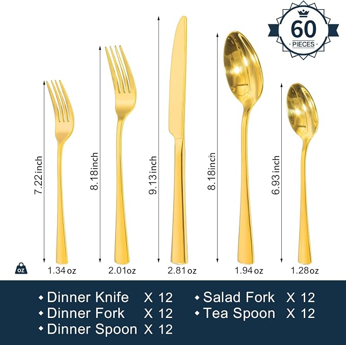 18/10 Flatware set for 12, 60 Piece Gold Stainless Steel Silverware Set | - Image 2
