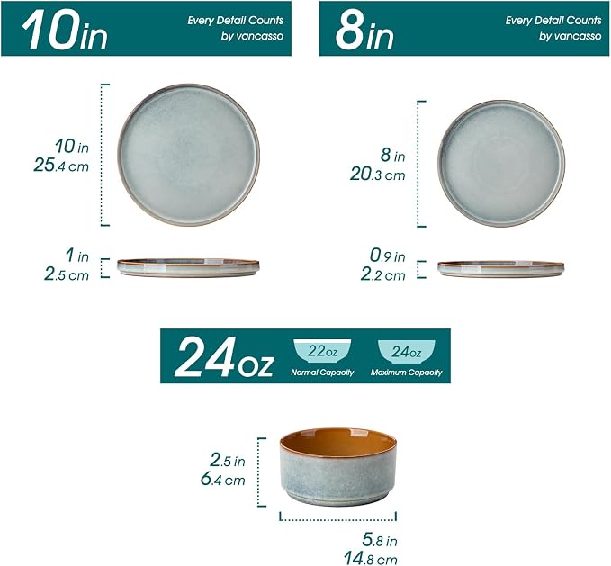 vancasso ONION Ceramic Plates and Bowls Sets, 12 Pieces Light Blue Dinnerware - Image 2